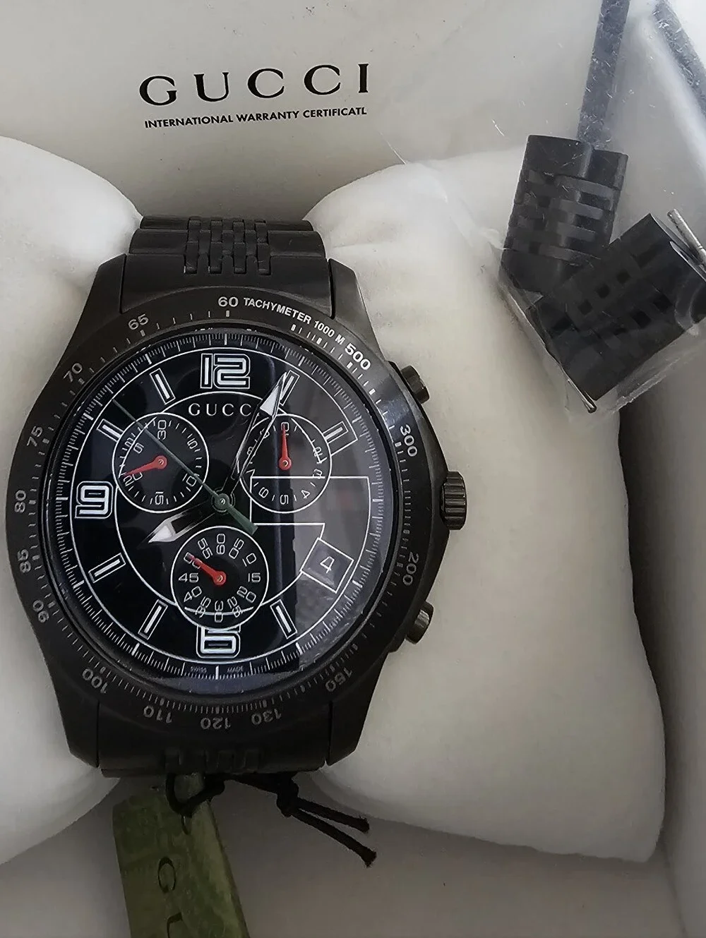 Gucci Black Stainless Steel Chronograph Watch with Red Accents